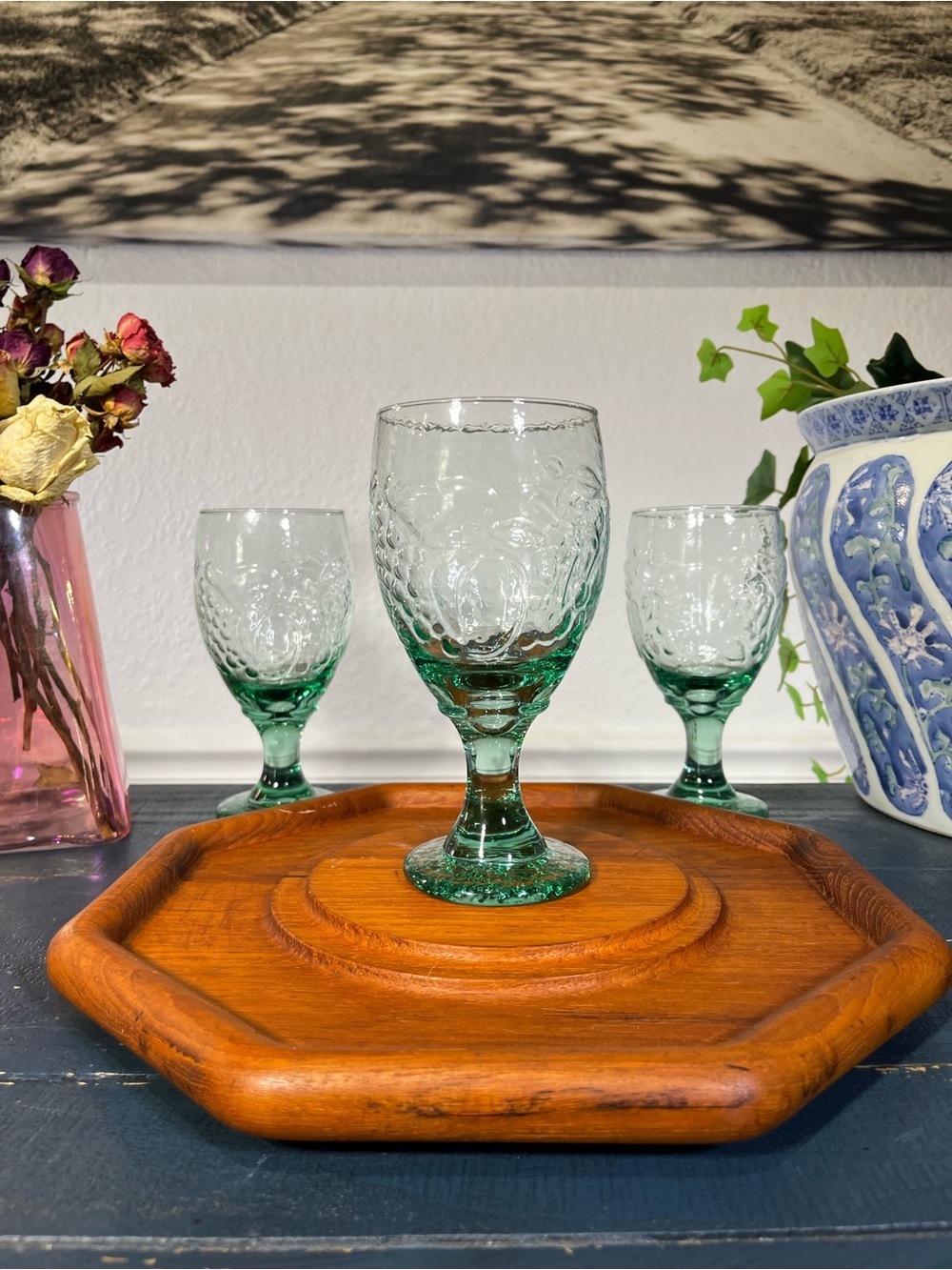 vintage Libbey Orchard Fruit Spanish green water goblet replacement set of 3
